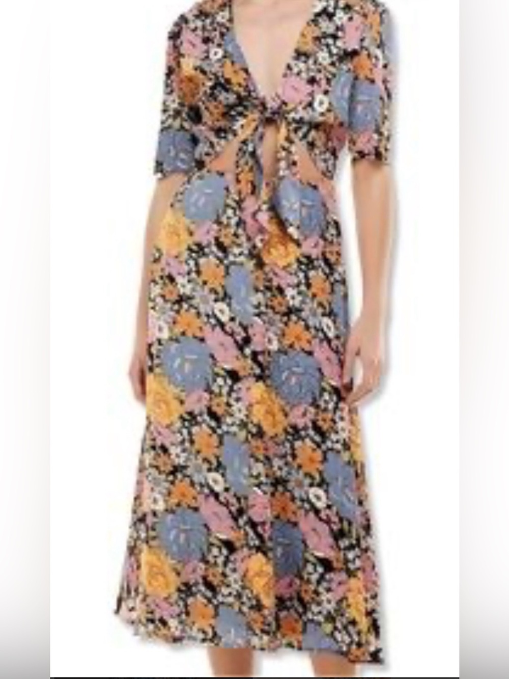 Wayf Black Floral Tie-Front Midi Dress with Pink, Blue & Yellow Blooms